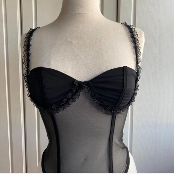 Black Mesh Bodysuit with Lace Straps and Ruffled Cup Details - Picture 8 of 8